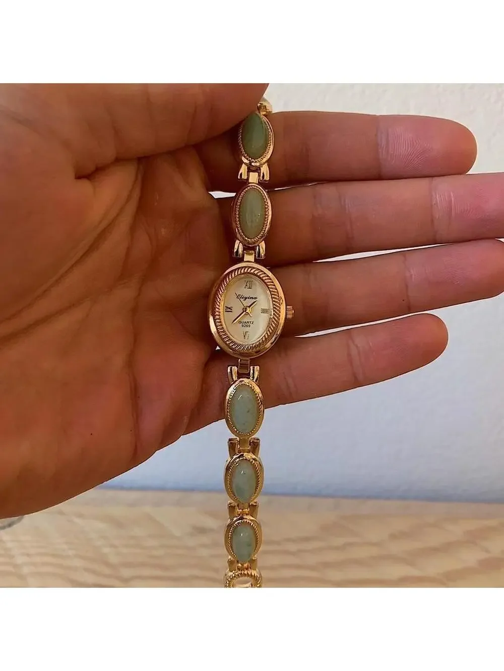 Y2K Gold Green Dainty Quartz Opal Jade Watch 8 Inch Unisex